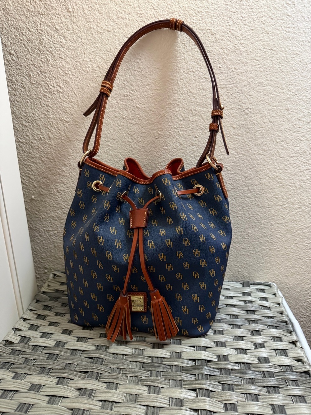 Dooney & Bourke Gretta Navy and Brown Monogram Drawstring Bucket Bag
